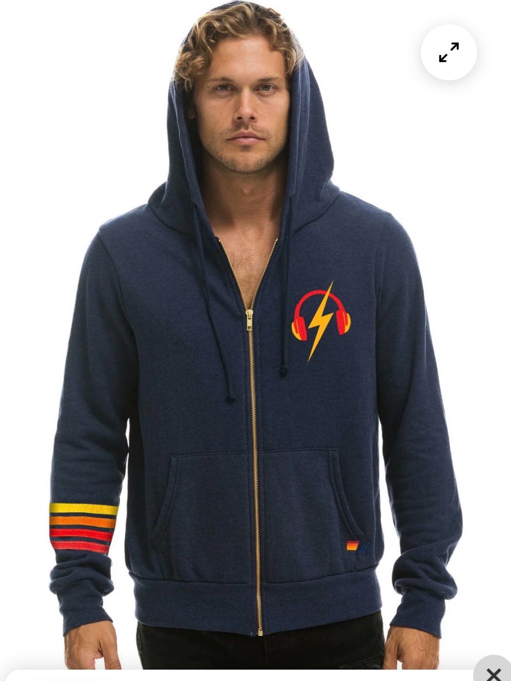Aviator Nation Navy Blue Zip Hoodie With Red & Yellow Lightning Logo